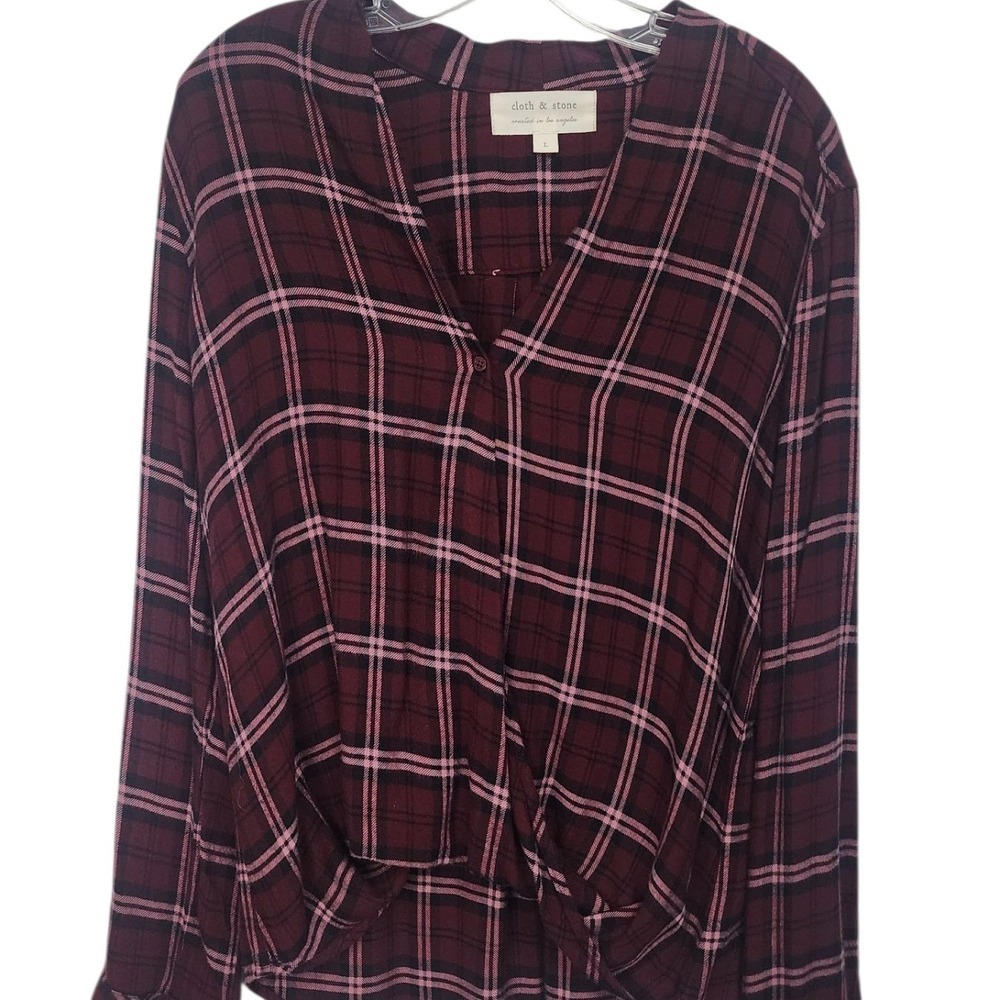 Cloth & Stone Plaid Twist Front Button Down Shirt Maroon Black Pink Women's‎ L